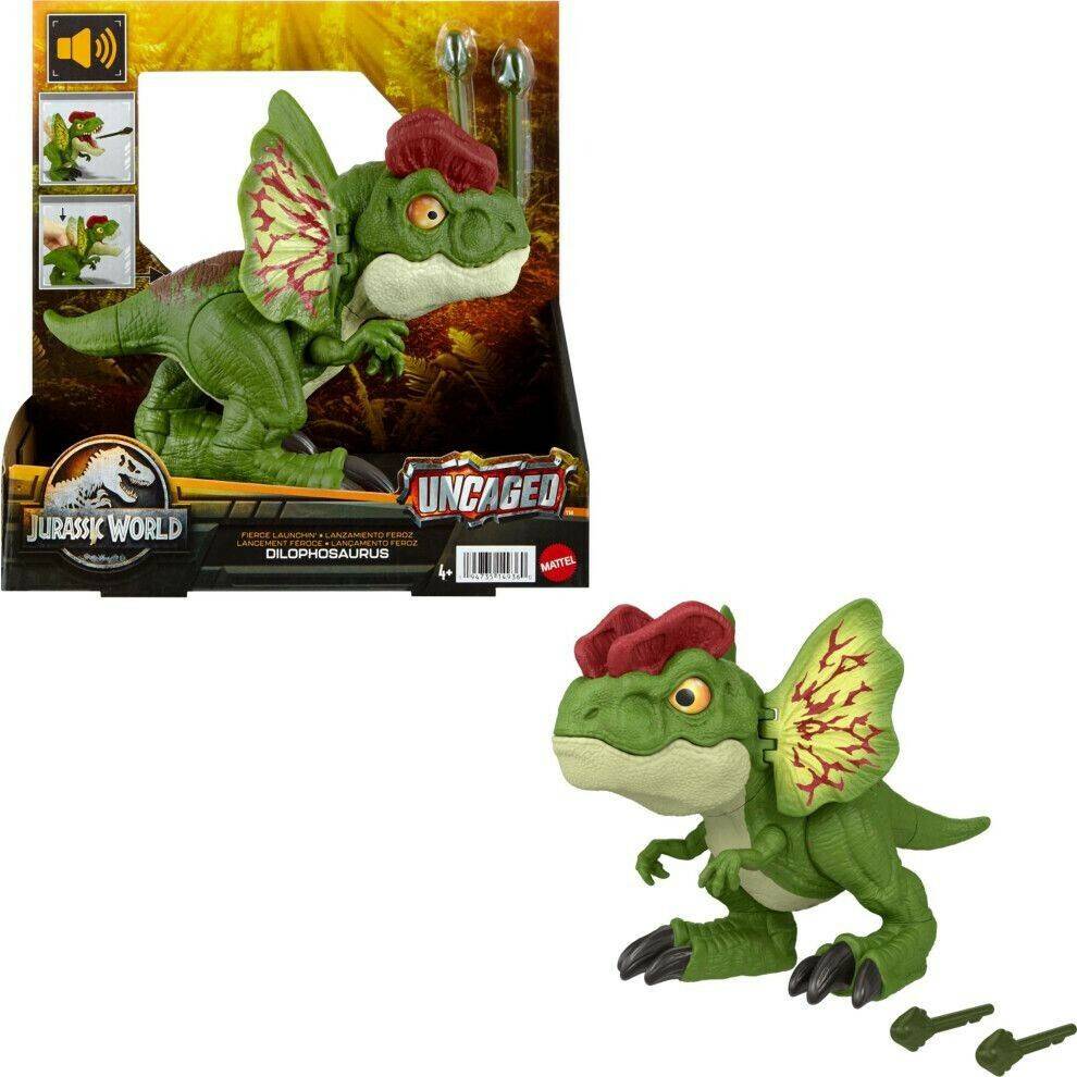 Sammelfiguren Mattel Jurassic World Dilophosaurus Dinosaurierspielzeug mit Geräuschen und Pfeilen für wilden Kampfspaß authentisches Aussehen 20cm lang (HNT66)